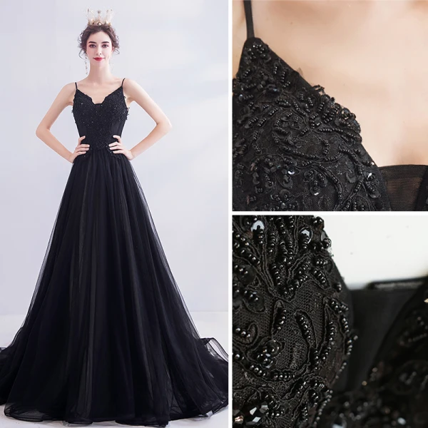 Chic / Belle Noire Robe De Bal 2020 Princesse Bretelles Spaghetti Perlage En Dentelle Fleur Sans Manches Dos Nu Train De Balayage Robe De Ceremonie