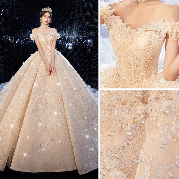 Luxury / Gorgeous Champagne Wedding Dresses 2020 Ball Gown Off-The-Shoulder Glitter Beading Sequins Lace Flower Sleeveless Backless Cathedral Train