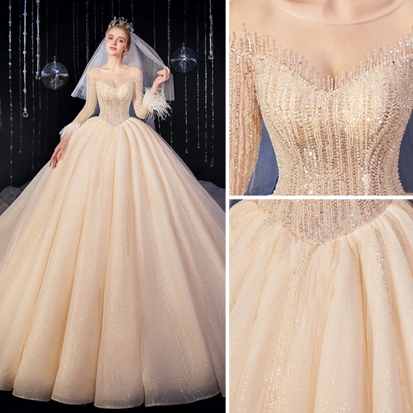 Luxury / Gorgeous Champagne Wedding Dresses 2020 Ball Gown Scoop Neck Beading Crystal Glitter Sequins Long Sleeve Backless Royal Train