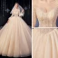 Luxury / Gorgeous Champagne Wedding Dresses 2020 Ball Gown Scoop Neck Beading Crystal Glitter Sequins Long Sleeve Backless Royal Train