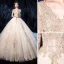 Luxe Champagne Robe De Mariée 2020 Robe Boule V-Cou Perlage Paillettes En Dentelle Fleur 1/2 Manches Dos Nu Royal Train