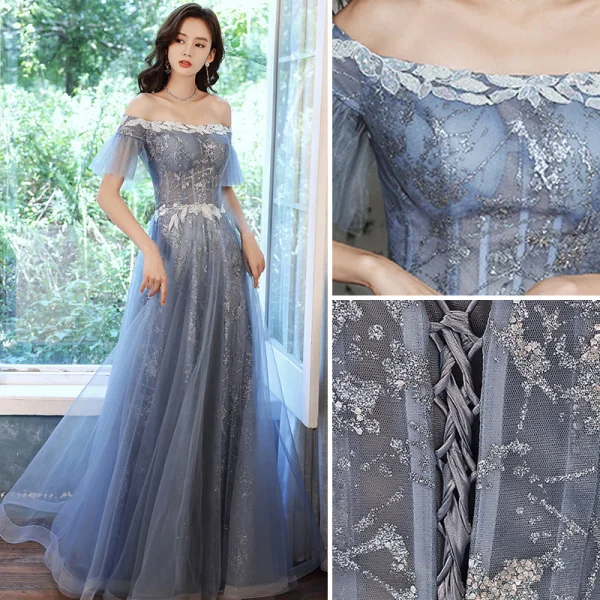 Charming Sky Blue Evening Dresses  Prom Dresses 2021 A-Line / Princess Off-The-Shoulder Glitter Sequins Short Sleeve Backless Floor-Length / Long Evening Party Prom Formal Dresses
