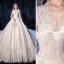 Luxury / Gorgeous Champagne Wedding Dresses 2020 A-Line / Princess V-Neck Beading Sequins Lace Flower 3/4 Sleeve Royal Train