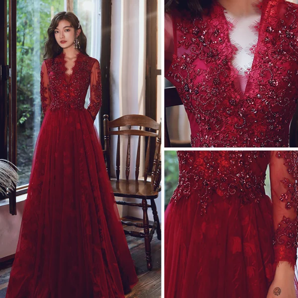 Elegant Burgundy Evening Dresses  2020 A-Line / Princess V-Neck Beading Sequins Lace Flower Long Sleeve Backless Floor-Length / Long Formal Dresses