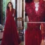 Elegant Burgundy Evening Dresses  2020 A-Line / Princess V-Neck Beading Sequins Lace Flower Long Sleeve Backless Floor-Length / Long Formal Dresses