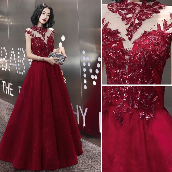 Elegant Burgundy Evening Dresses 2020 A-Line / Princess Beading Rhinestone Sequins Lace Flower High Neck Sleeveless Backless Floor-Length / Long Formal Dresses
