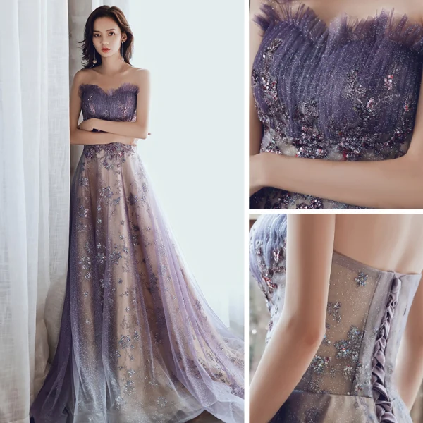 Charmant Violett Glanz Abendkleider 2020 A Linie Bandeau Perlenstickerei Pailletten Spitze Blumen Ärmellos Rückenfreies Sweep / Pinsel Zug Festliche Kleider