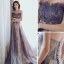 Charmant Violett Glanz Abendkleider 2020 A Linie Bandeau Perlenstickerei Pailletten Spitze Blumen Ärmellos Rückenfreies Sweep / Pinsel Zug Festliche Kleider