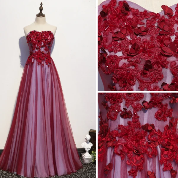 Chic Bordeaux Robe De Soirée 2020 Princesse Bustier Cristal Appliques En Dentelle Fleur Sans Manches Dos Nu Longue Robe De Ceremonie