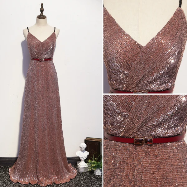 Sexy Scintillantes Or Rose Robe De Soirée 2020 Princesse Bretelles Spaghetti Paillettes Noeud Sans Manches Dos Nu Longue Robe De Ceremonie