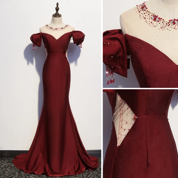 Chic / Belle Bordeaux Robe De Soirée 2020 Trompette / Sirène Encolure Dégagée Perlage Gland Cristal Faux Diamant Manches Courtes Dos Nu Train De Balayage Robe De Ceremonie