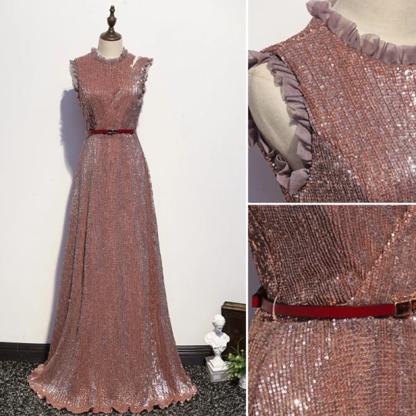 Sparkly Rose Gold Evening Dresses  2020 A-Line / Princess Scoop Neck Sash Sequins Sleeveless Floor-Length / Long Formal Dresses