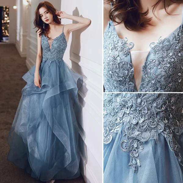 Schöne Marineblau Abendkleider 2018 Mermaid Perlenstickerei V-Ausschnitt Rückenfreies Ärmellos Hof-Schleppe Festliche Kleider