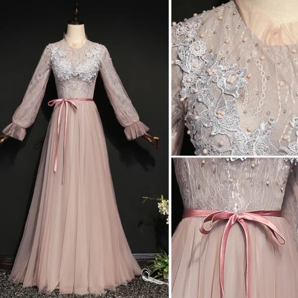 Elegant Blushing Pink Evening Dresses  2020 A-Line / Princess Scoop Neck Pearl Lace Flower Long Sleeve Backless Floor-Length / Long Formal Dresses