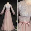 Elegant Blushing Pink Evening Dresses  2020 A-Line / Princess Scoop Neck Pearl Lace Flower Long Sleeve Backless Floor-Length / Long Formal Dresses