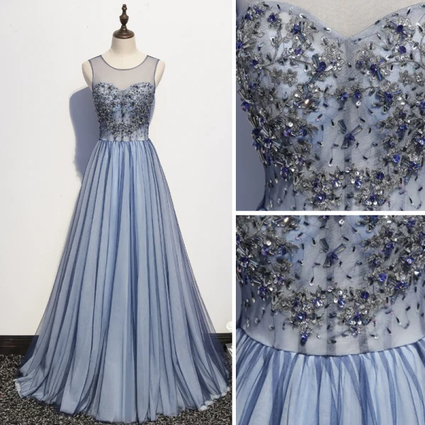 Elegant Sky Blue Evening Dresses 2020 A-Line / Princess Scoop Neck Crystal Sequins Lace Flower Sleeveless Backless Floor-Length / Long Formal Dresses