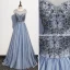 Elegant Sky Blue Evening Dresses  2020 A-Line / Princess Scoop Neck Crystal Sequins Lace Flower Sleeveless Backless Floor-Length / Long Formal Dresses