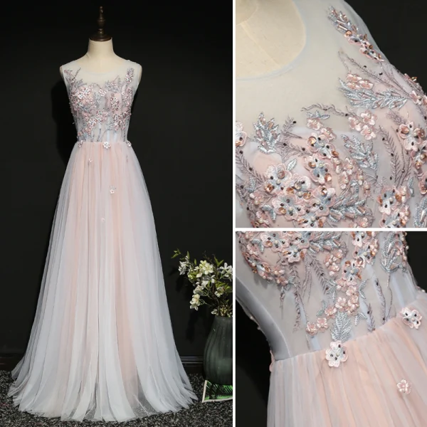 Chic Rougissant Rose Robe De Soirée 2020 Princesse Encolure Dégagée Perle Faux Diamant En Dentelle Fleur Sans Manches Dos Nu Longue Robe De Ceremonie