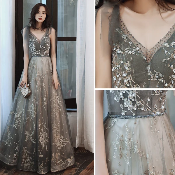 Fashion Grey Gold Evening Dresses 2020 A-Line / Princess V-Neck Rhinestone Sequins Lace Flower Sleeveless Backless Floor-Length / Long Formal Dresses