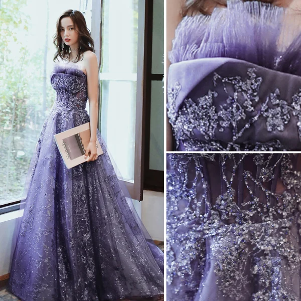 Charming Purple Evening Dresses 2020 A-Line / Princess Strapless Beading Sequins Lace Flower Sleeveless Backless Floor-Length / Long Formal Dresses