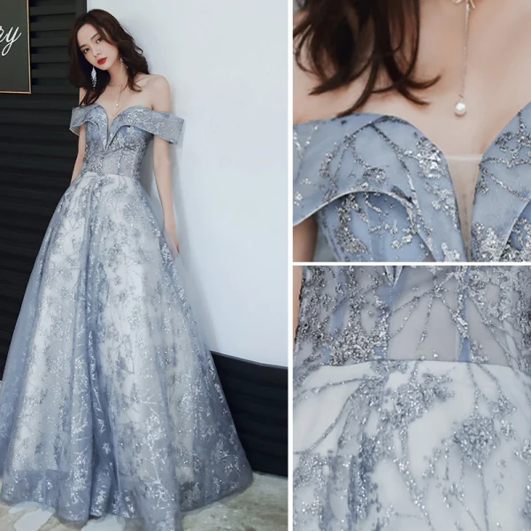 Charmant Bleu Ciel Robe De Soirée 2020 Princesse De l'épaule Paillettes Sans Manches Dos Nu Longue Robe De Ceremonie
