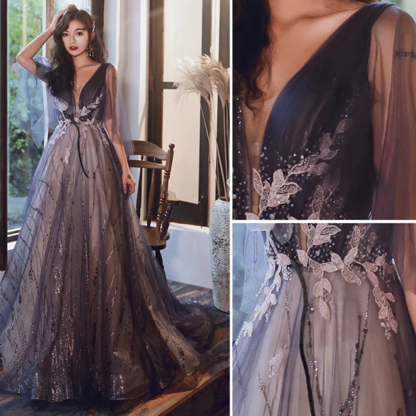 Charming Purple Evening Dresses 2020 A-Line / Princess V-Neck Beading Sequins Lace Flower Appliques Short Sleeve Backless Sweep Train Formal Dresses