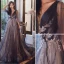 Charming Purple Evening Dresses  2020 A-Line / Princess V-Neck Beading Sequins Lace Flower Appliques Short Sleeve Backless Sweep Train Formal Dresses