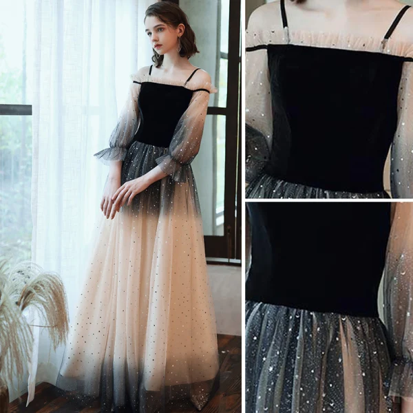 Fashion Black Champagne Gradient-Color Evening Dresses 2020 A-Line / Princess Off-The-Shoulder Star Sequins Long Sleeve Backless Floor-Length / Long Formal Dresses