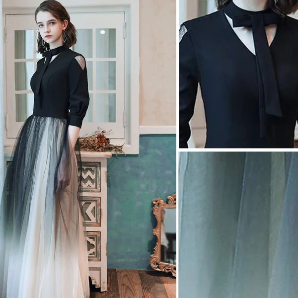 Fashion Black Gradient-Color Evening Dresses  2020 A-Line / Princess V-Neck Bow 1/2 Sleeves Floor-Length / Long Formal Dresses