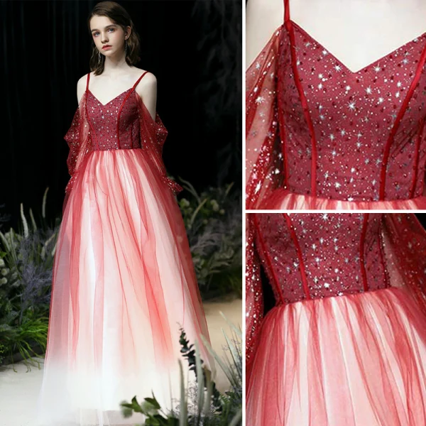 Mode Dégradé De Couleur Rouge Robe De Soirée 2020 Princesse Bretelles Spaghetti Perlage Paillettes 3/4 Manches Dos Nu Longue Robe De Ceremonie