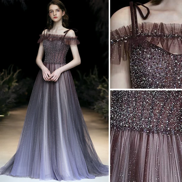 Charmant Glanz Violett Abendkleider 2020 A Linie Spaghettiträger Perlenstickerei Strass Pailletten Ärmellos Rückenfreies Sweep / Pinsel Zug Festliche Kleider