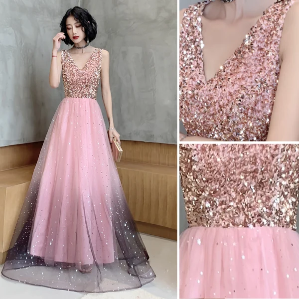 Fashion Candy Pink Evening Dresses  2020 A-Line / Princess Star Sequins V-Neck Sleeveless Backless Floor-Length / Long Formal Dresses