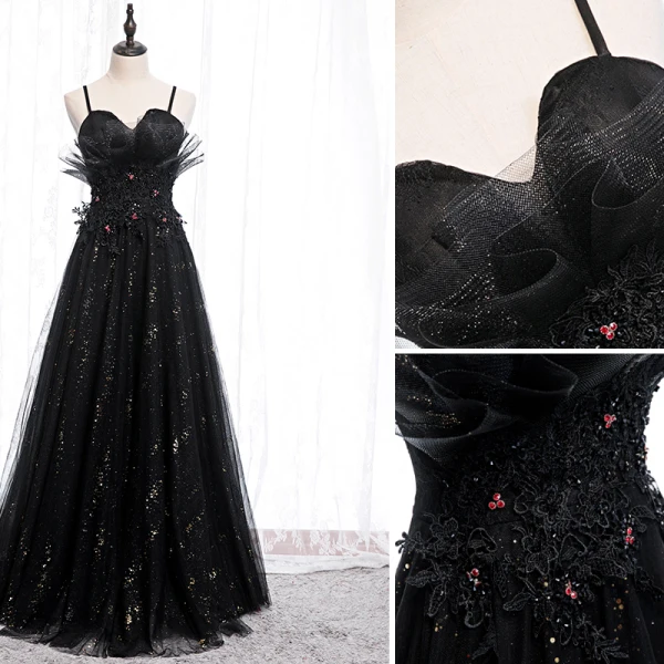 Charmant Noire Robe De Soirée 2020 Princesse Bretelles Spaghetti Paillettes Faux Diamant En Dentelle Fleur Sans Manches Dos Nu Longue Robe De Ceremonie