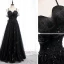Charmant Noire Robe De Soirée 2020 Princesse Bretelles Spaghetti Paillettes Faux Diamant En Dentelle Fleur Sans Manches Dos Nu Longue Robe De Ceremonie