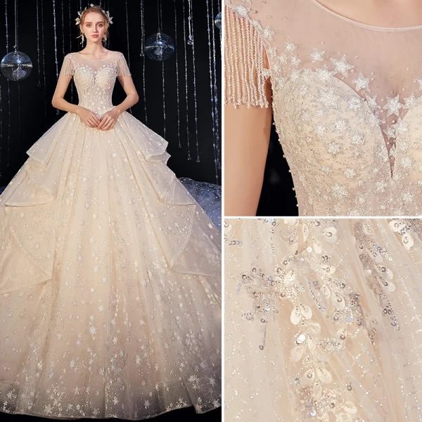 Luxury / Gorgeous Champagne Wedding Dresses 2020 Ball Gown Scoop Neck Beading Tassel Sequins Lace Flower Appliques Sleeveless Backless Royal Train