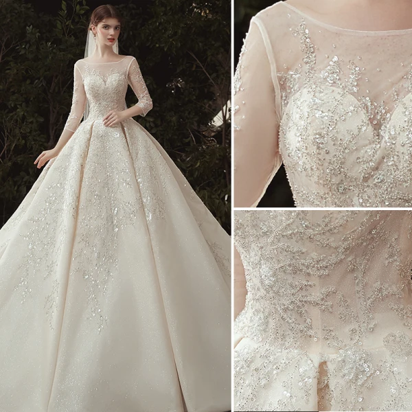 Luxury / Gorgeous Champagne Wedding Dresses 2020 Ball Gown Scoop Neck Beading Sequins Lace Flower Appliques 3/4 Sleeve Backless Royal Train