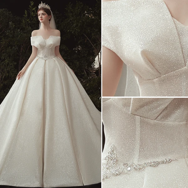 Luxus / Herrlich Champagner Glanz Brautkleider / Hochzeitskleider 2020 A Linie Off Shoulder Perlenstickerei Pailletten Kurze Ärmel Rückenfreies Königliche Schleppe