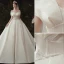 Luxus / Herrlich Champagner Glanz Brautkleider / Hochzeitskleider 2020 A Linie Off Shoulder Perlenstickerei Pailletten Kurze Ärmel Rückenfreies Königliche Schleppe