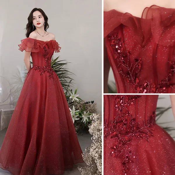 Chic / Belle Noire Robe De Cocktail 2018 Robe Boule Cristal Paillettes Dentelle Encolure Carrée Sans Manches Courte Robe De Ceremonie