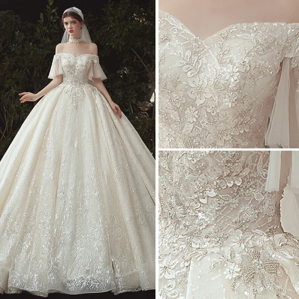 Luxury / Gorgeous Champagne Wedding Dresses 2020 Ball Gown Off-The-Shoulder Beading Sequins Lace Flower Appliques Short Sleeve Backless Royal Train