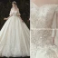 Luxury / Gorgeous Champagne Wedding Dresses 2020 Ball Gown Off-The-Shoulder Beading Sequins Lace Flower Appliques Short Sleeve Backless Royal Train