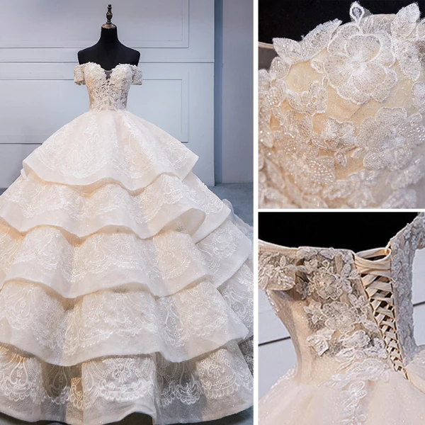 High End Champagner Handgefertigt Perlenstickerei Brautkleider / Hochzeitskleider 2020 Ballkleid Off Shoulder Spitze Blumen Ärmellos Rückenfreies Fallende Rüsche Königliche Schleppe