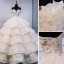 High End Champagner Handgefertigt Perlenstickerei Brautkleider / Hochzeitskleider 2020 Ballkleid Off Shoulder Spitze Blumen Ärmellos Rückenfreies Fallende Rüsche Königliche Schleppe