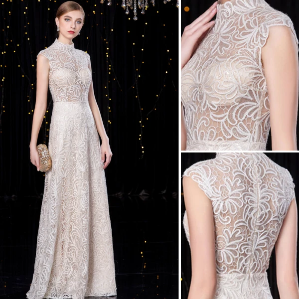 Sparkly Champagne Evening Dresses  2020 A-Line / Princess High Neck Sequins Lace Flower Sleeveless Floor-Length / Long Formal Dresses