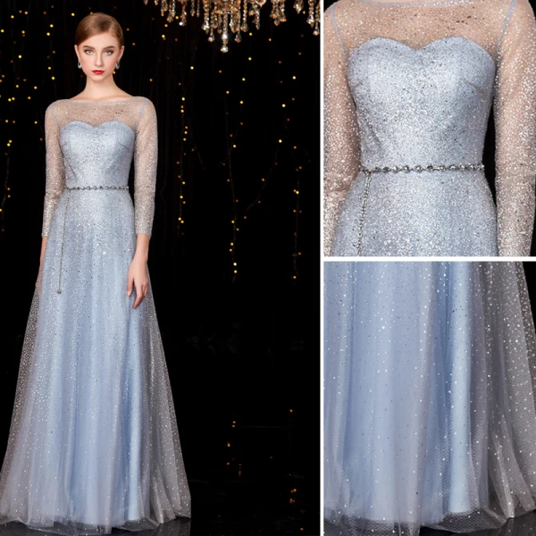 Sparkly Sky Blue Evening Dresses  2020 A-Line / Princess Sash Sequins Scoop Neck 3/4 Sleeve Floor-Length / Long Formal Dresses