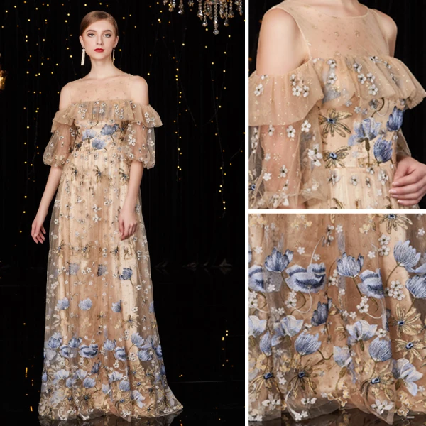 High-end Champagne Glitter Evening Dresses  2020 A-Line / Princess Scoop Neck Lace Flower Short Sleeve Floor-Length / Long Formal Dresses