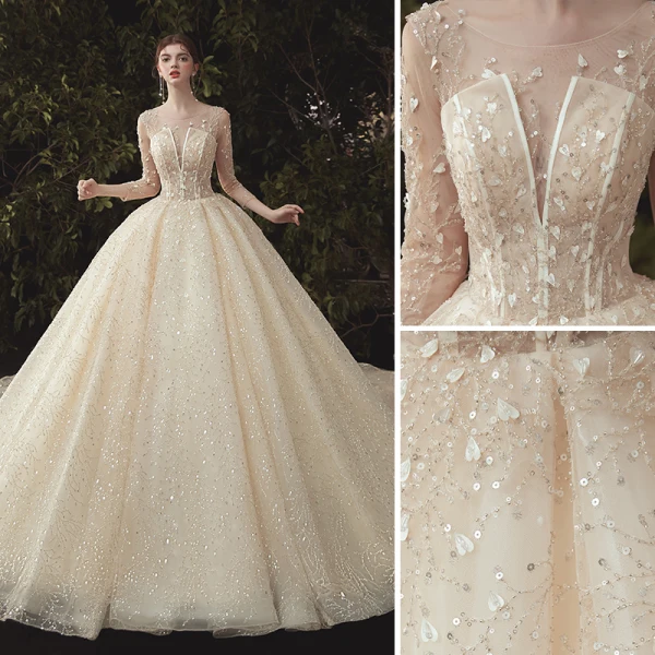 Luxury / Gorgeous Champagne Wedding Dresses 2020 Ball Gown Scoop Neck Beading Sequins Lace Flower Appliques 3/4 Sleeve Backless Cathedral Train