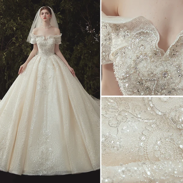 Luxe Champagne Robe De Mariée 2020 Robe Boule De l'épaule Glitter Perlage Paillettes Perle Manches Courtes Dos Nu Cathedral Train