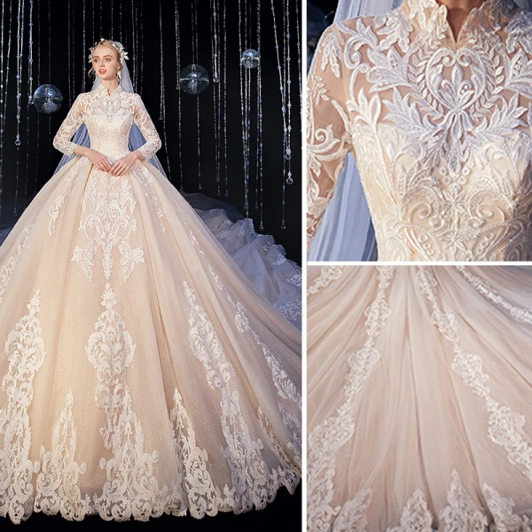 Élégant Haut de Gamme Champagne Robe De Mariée 2020 Robe Boule Glitter En Dentelle Fleur Col Haut 3/4 Manches Royal Train
