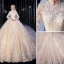 Élégant Haut de Gamme Champagne Robe De Mariée 2020 Robe Boule Glitter En Dentelle Fleur Col Haut 3/4 Manches Royal Train